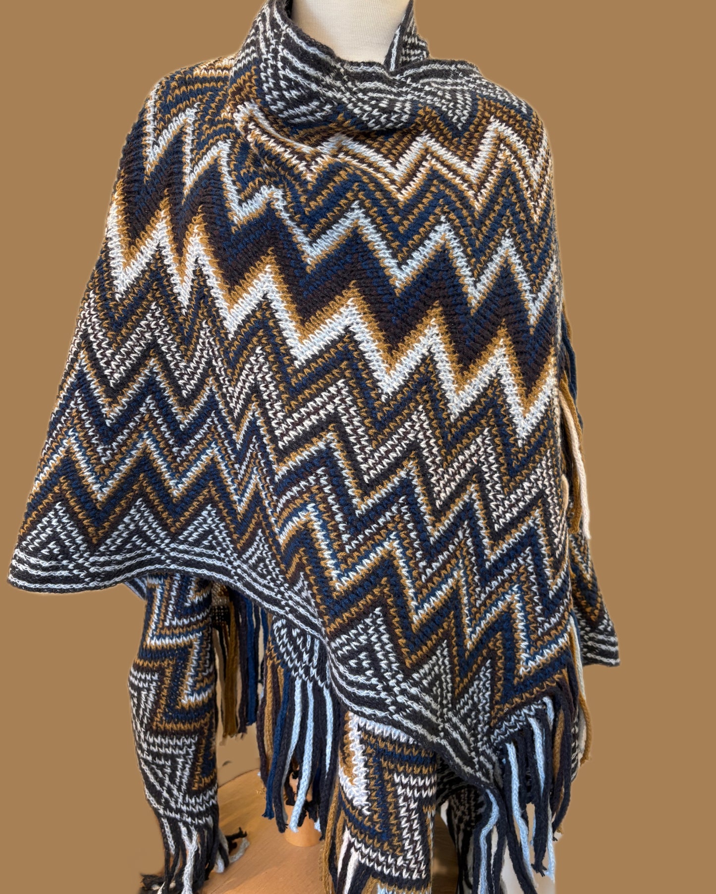 Thick Wool Navy and Brown Poncho