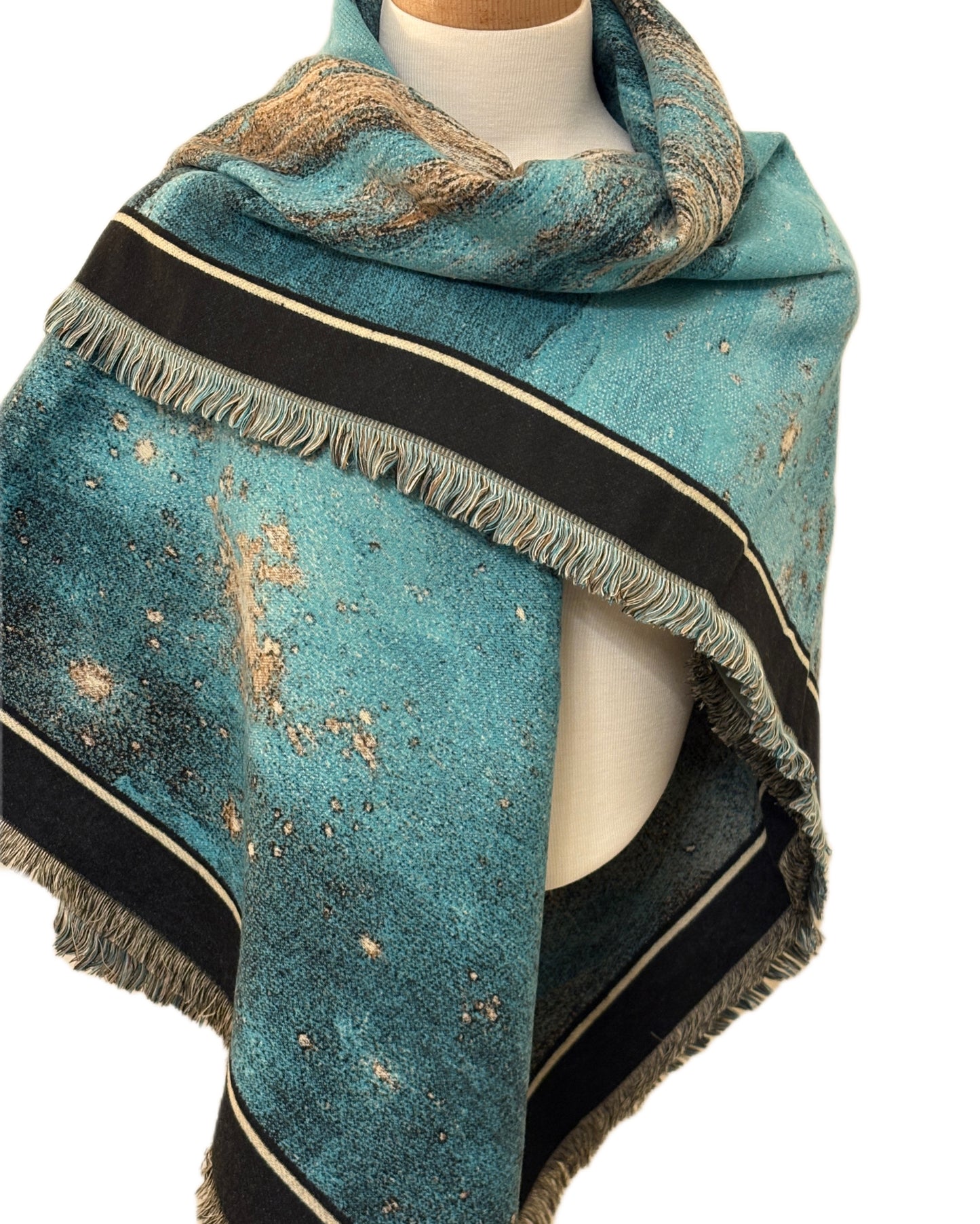 Large Square Blue Oil Painting Design Thick Cashmere Shawl