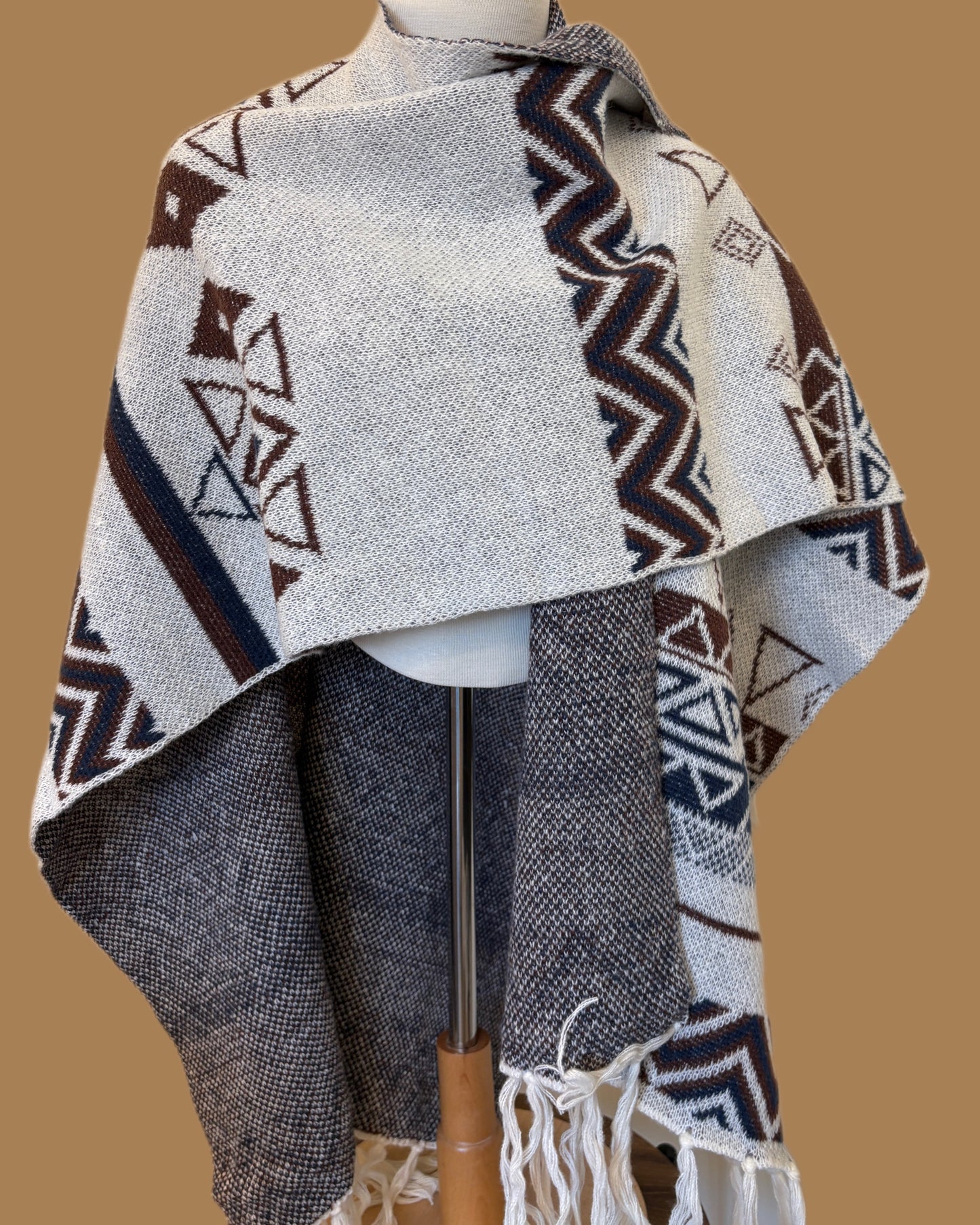 Beige and Brown Thick Wool Poncho