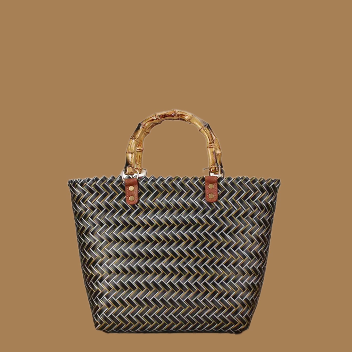 Grey Straw Bag with Plastic Wood Handle