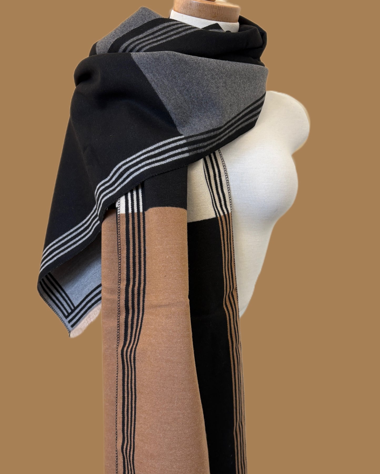 Beige Black and Grey Cashmere Shawl