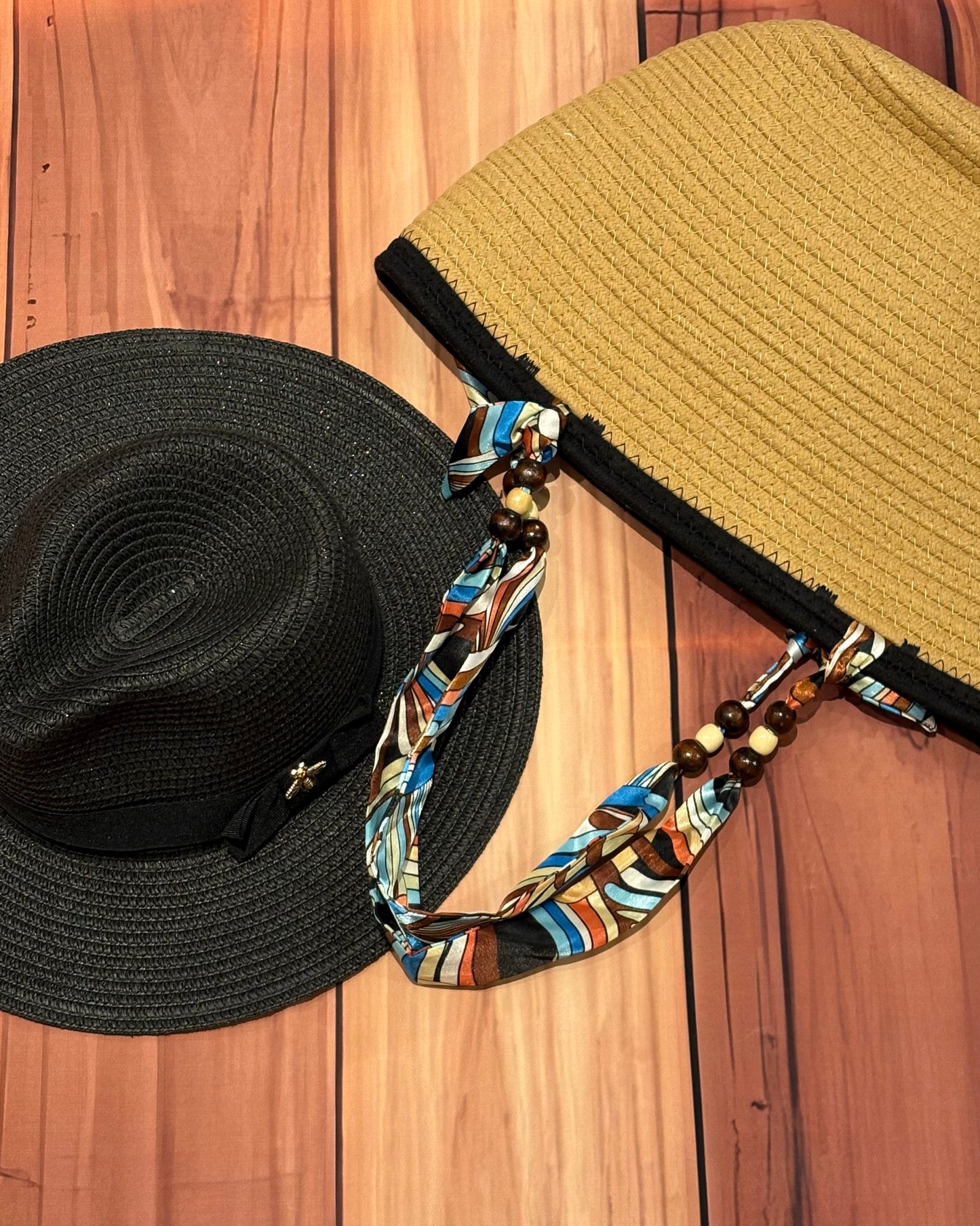 Beige Straw Bag with Silk Handle