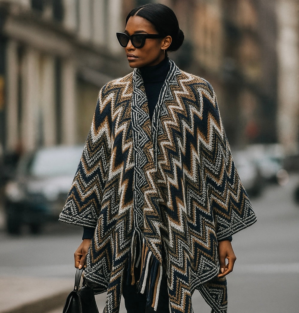 Thick Wool Navy and Brown Poncho