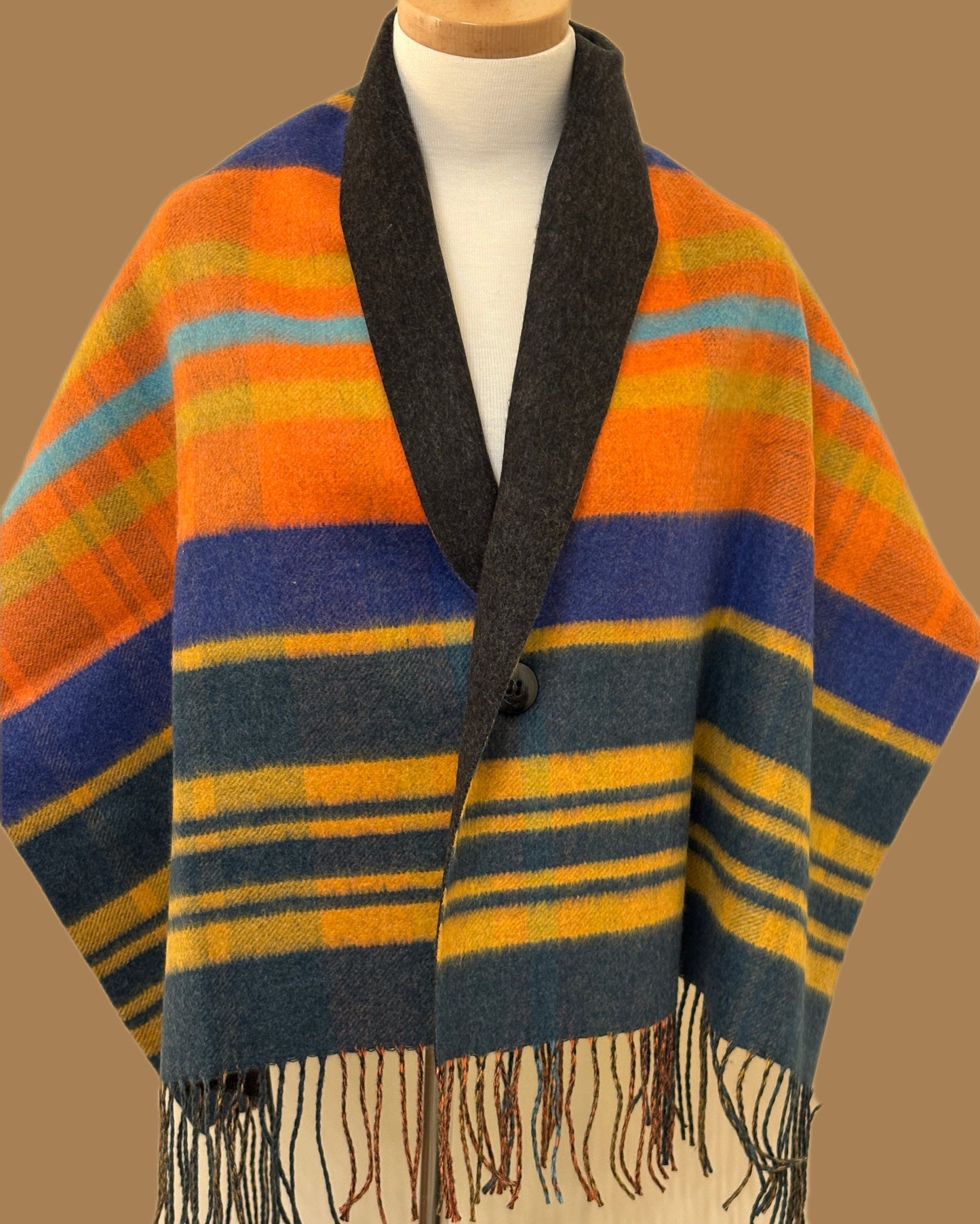 Colorful and Grey Double Sided Buttoned Wool Shawl