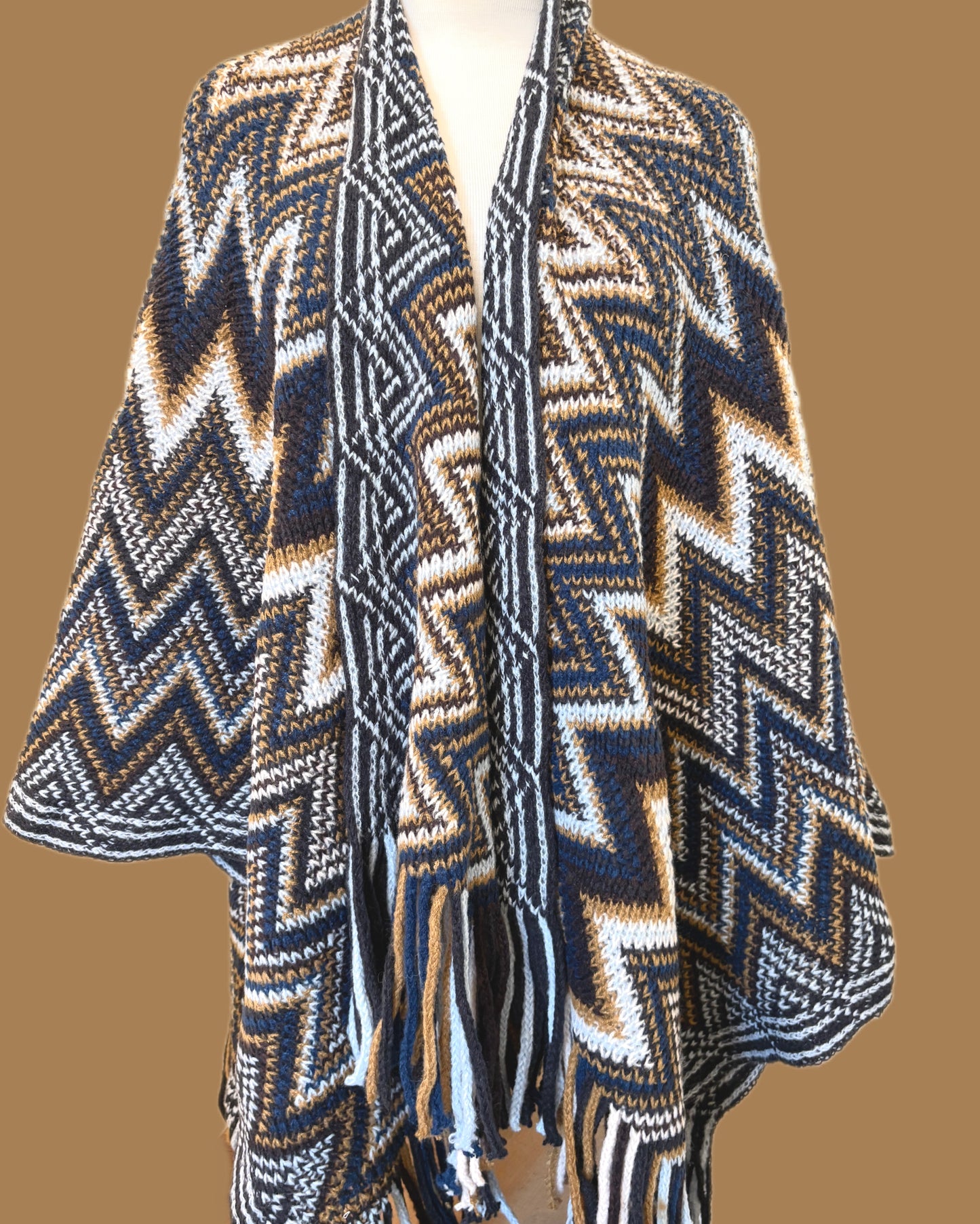 Thick Wool Navy and Brown Poncho