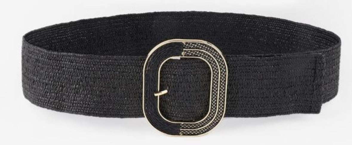 Large Black Elastic Straw Belt with Black and Gold Large Buckle