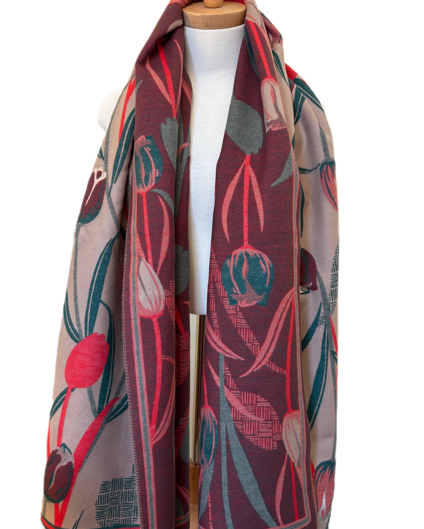 Beige and Red Double Faced Cashmere Shawl Tulip Design