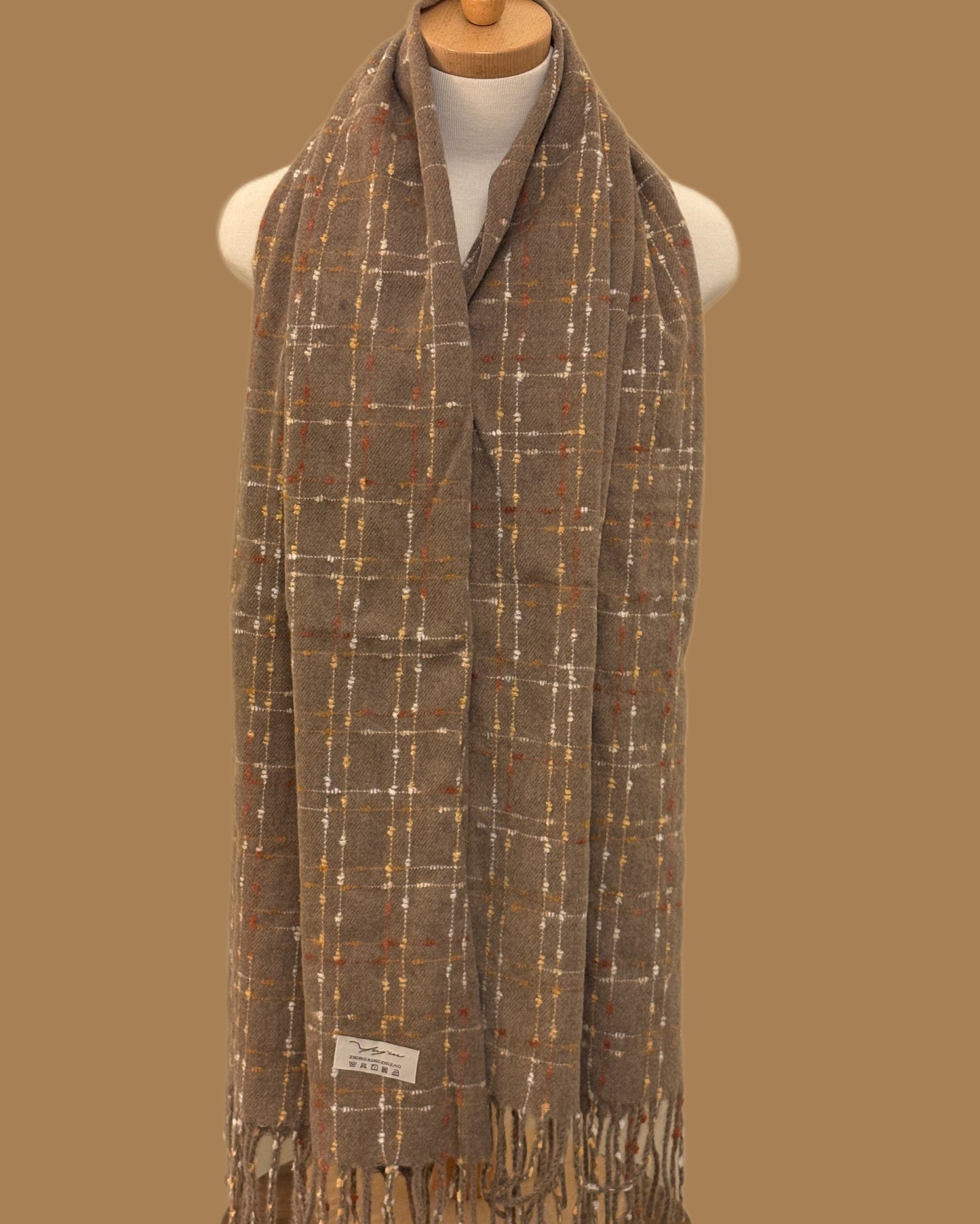 Brown Wool Shawl with Colorful Threads