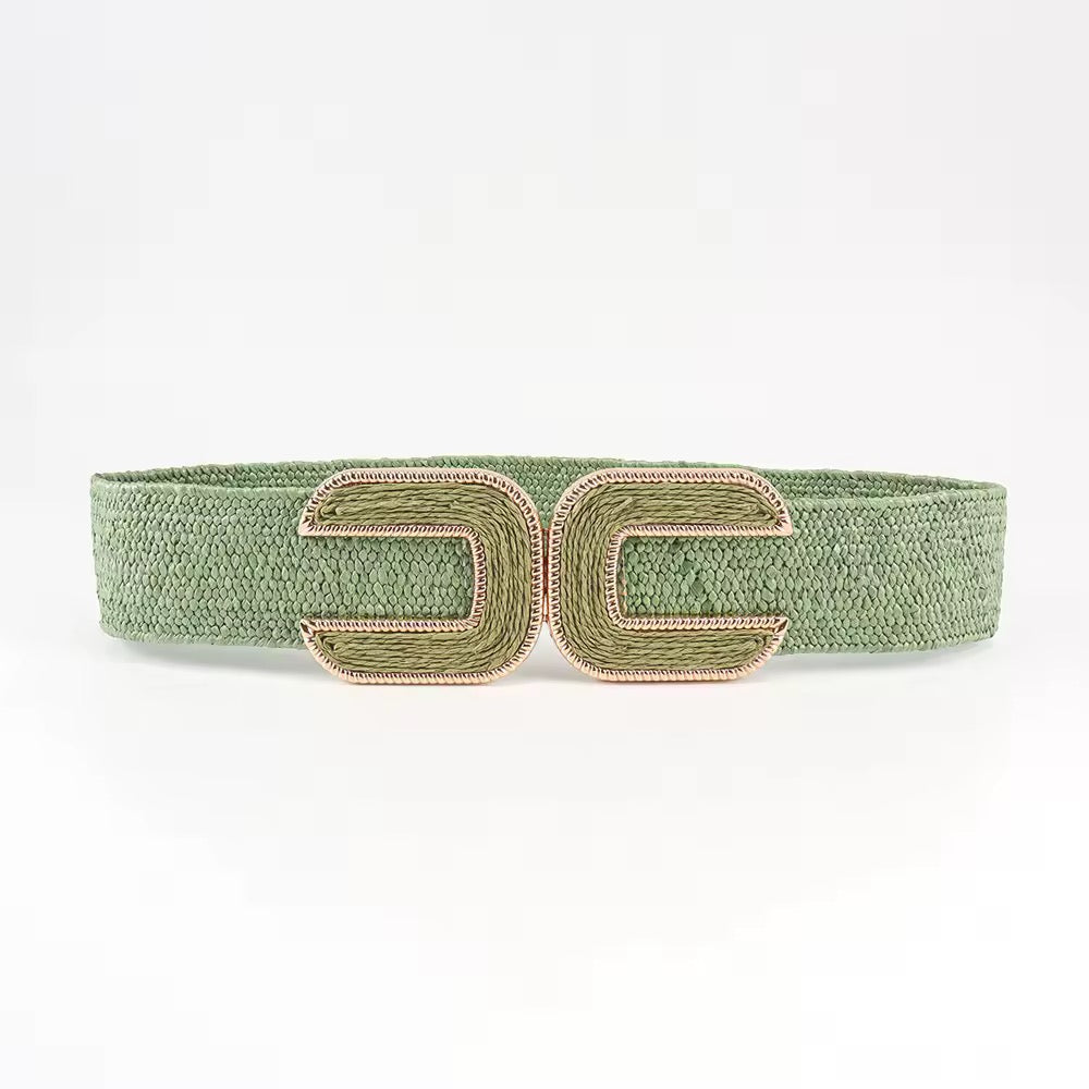 Green Elastic Straw Waist Belt with Gold Buckle