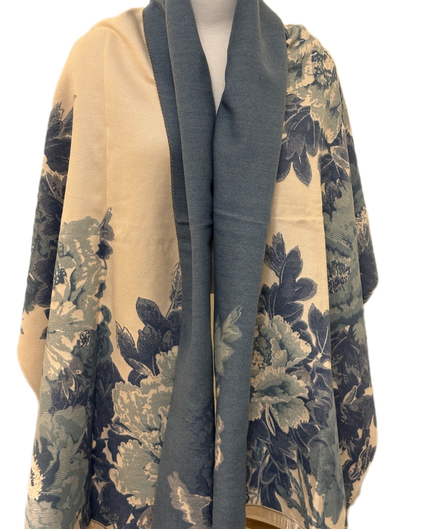 Blue and Beige Double Faced Cashmere Shawl