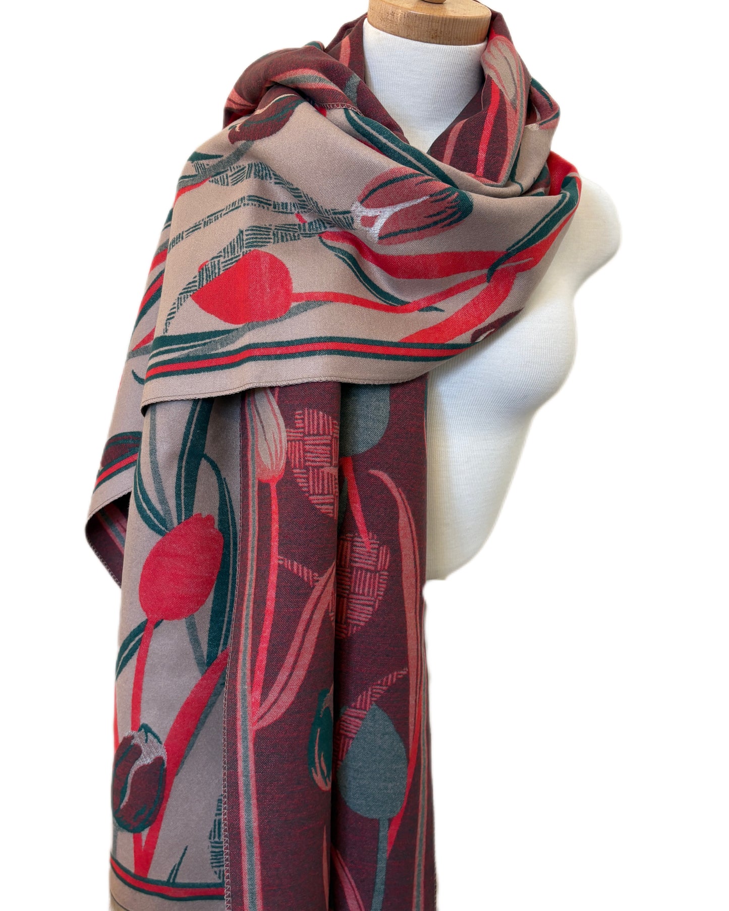 Beige and Red Double Faced Cashmere Shawl Tulip Design