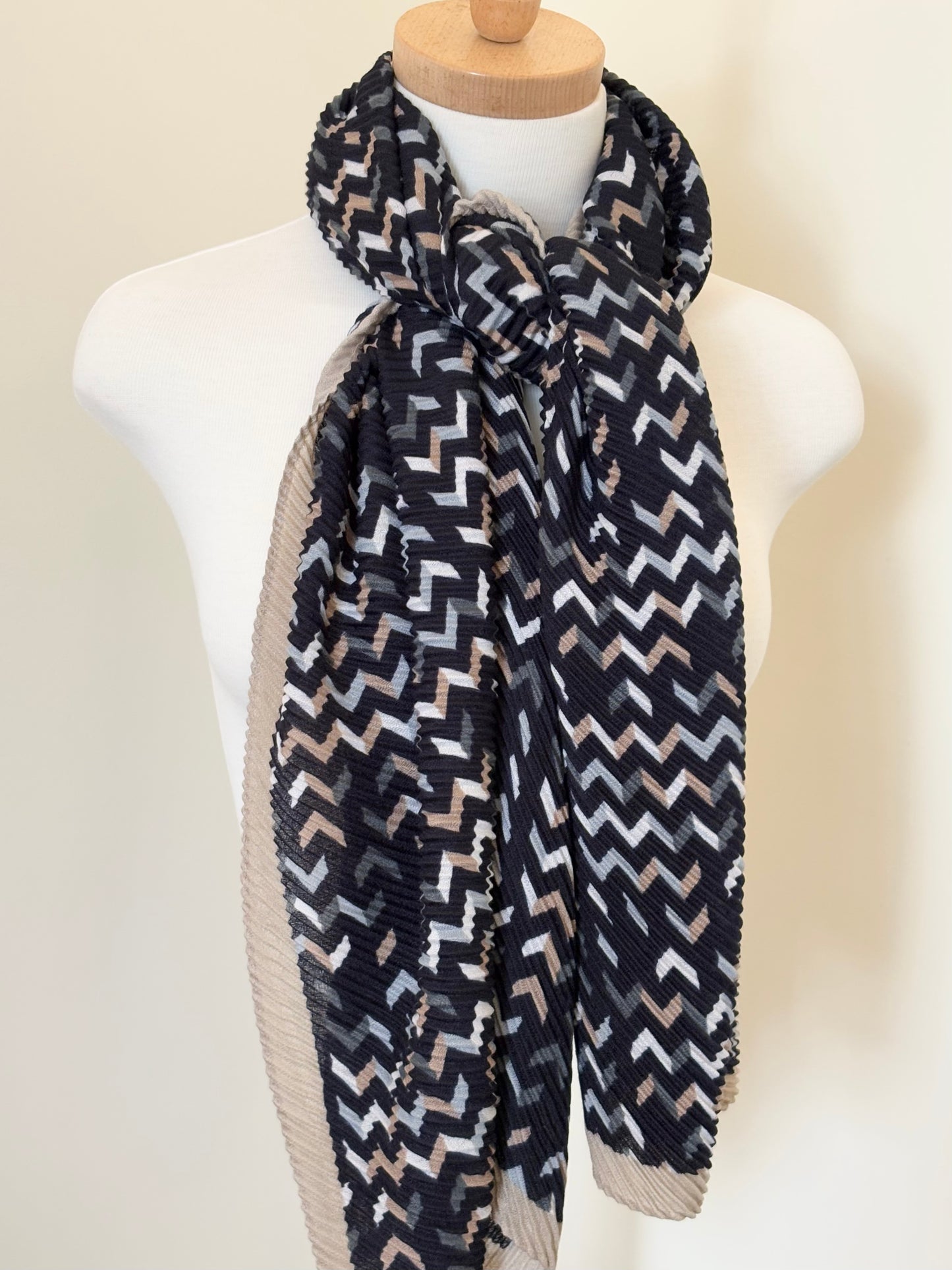 Navy and Beige Crinkle Viscose Scarf