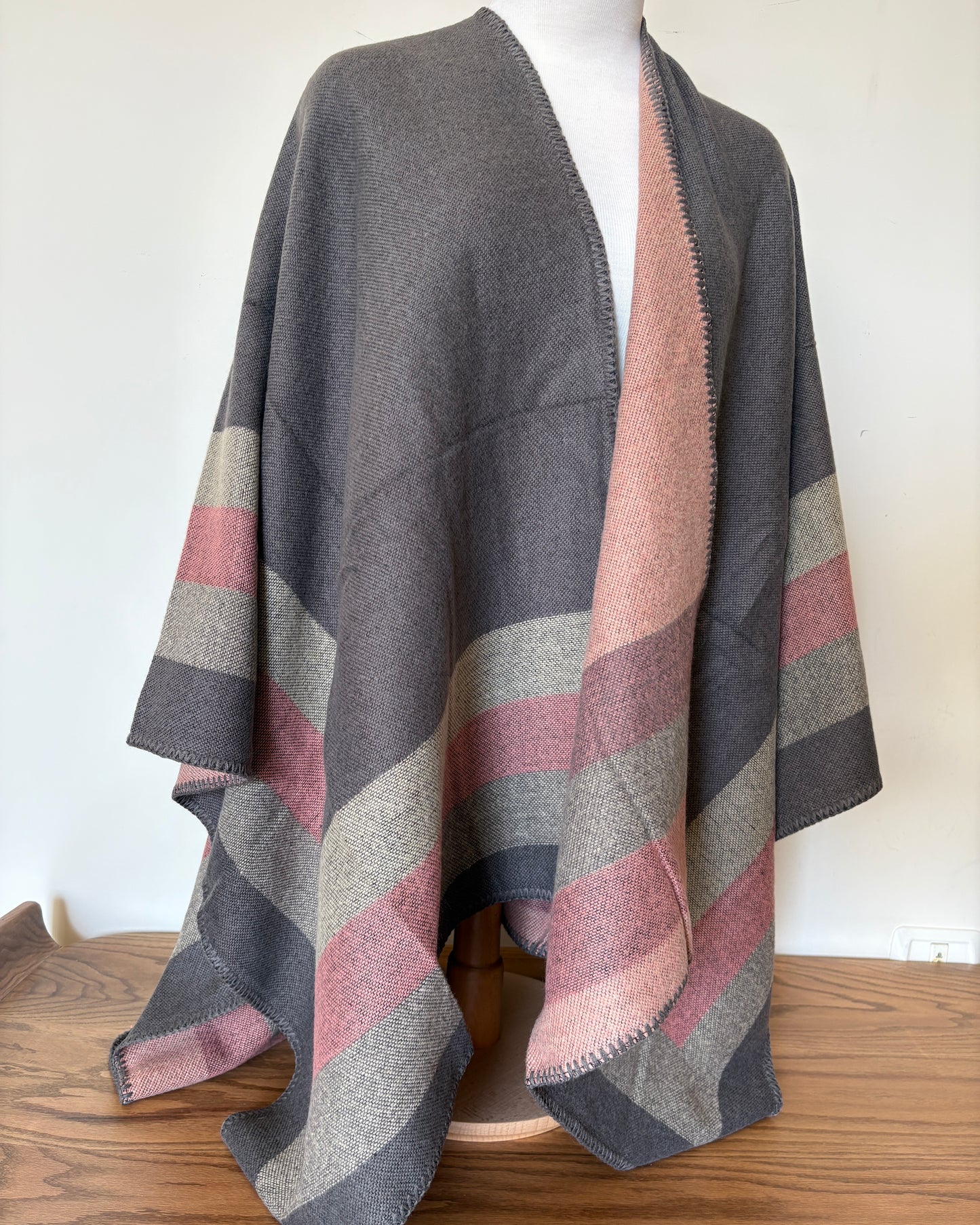 Grey Poncho with Green and Pink Stripes