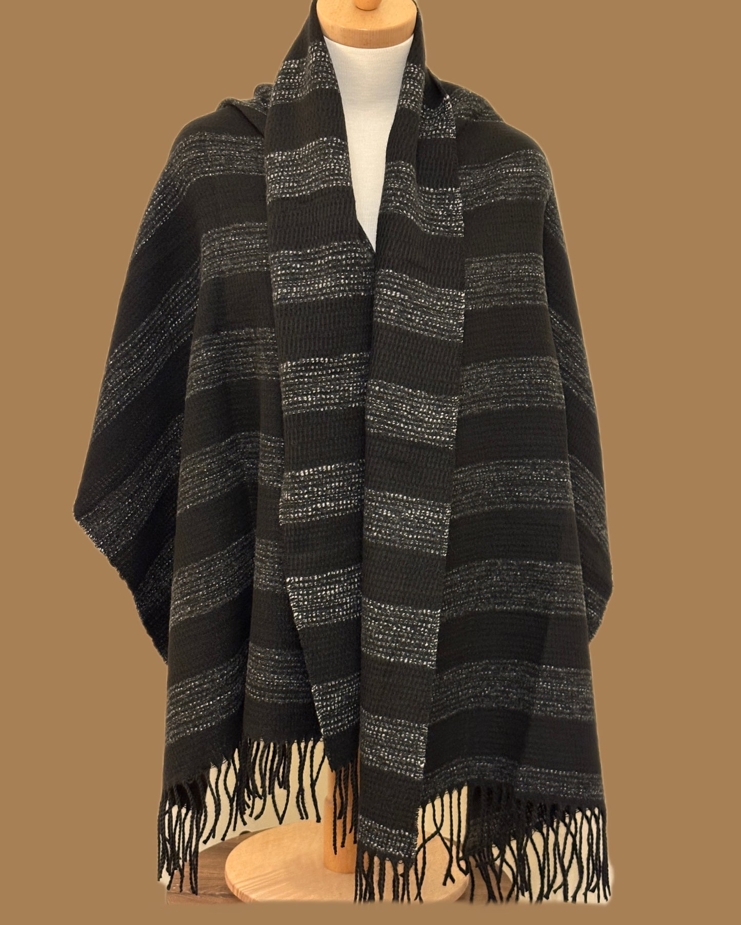 Black and Grey Wool and Acrylic Shawl