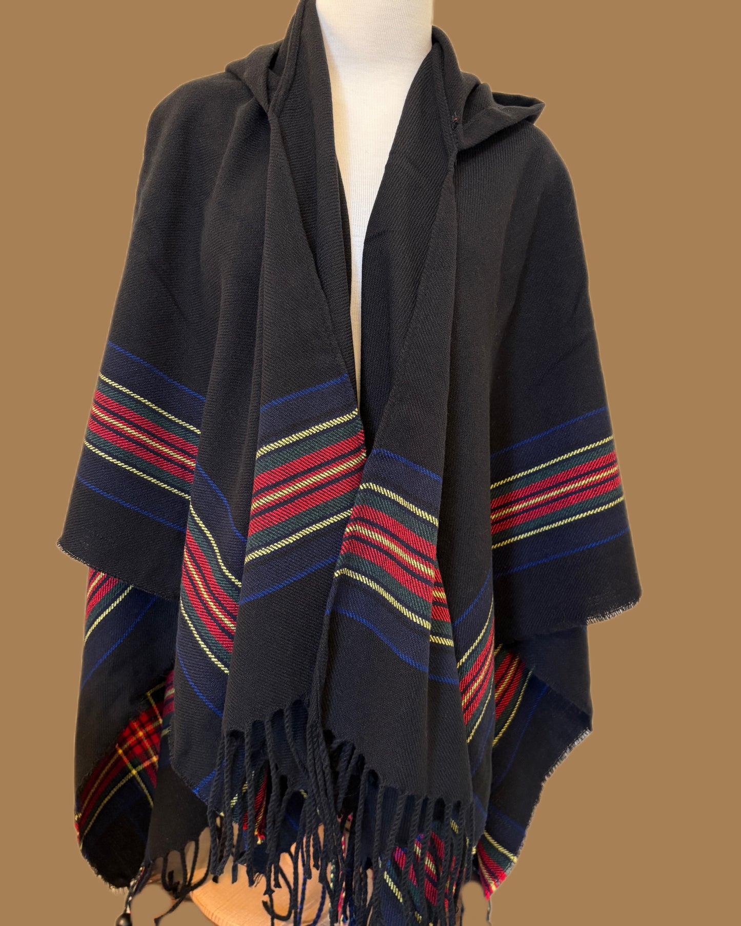 Black Hooded Wool Poncho
