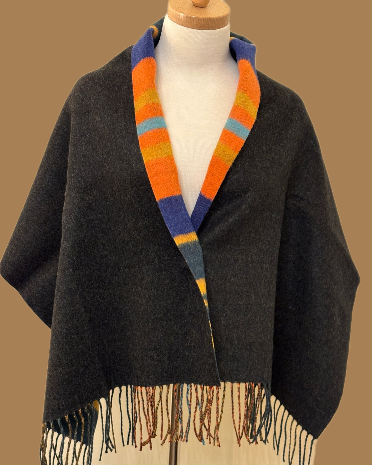 Colorful and Grey Double Sided Buttoned Wool Shawl