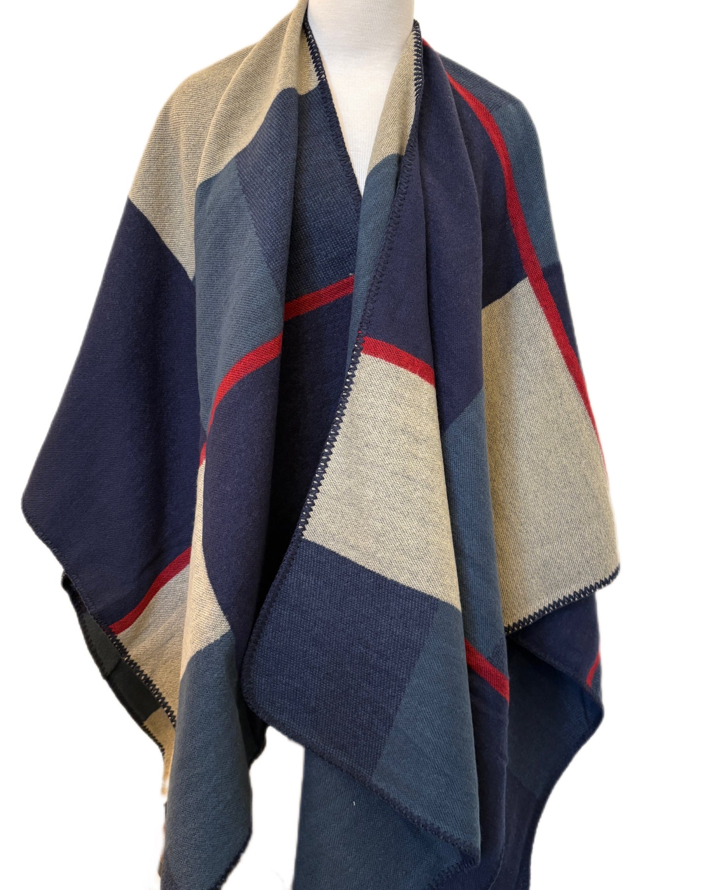 Navy and Light Grey Wool Poncho