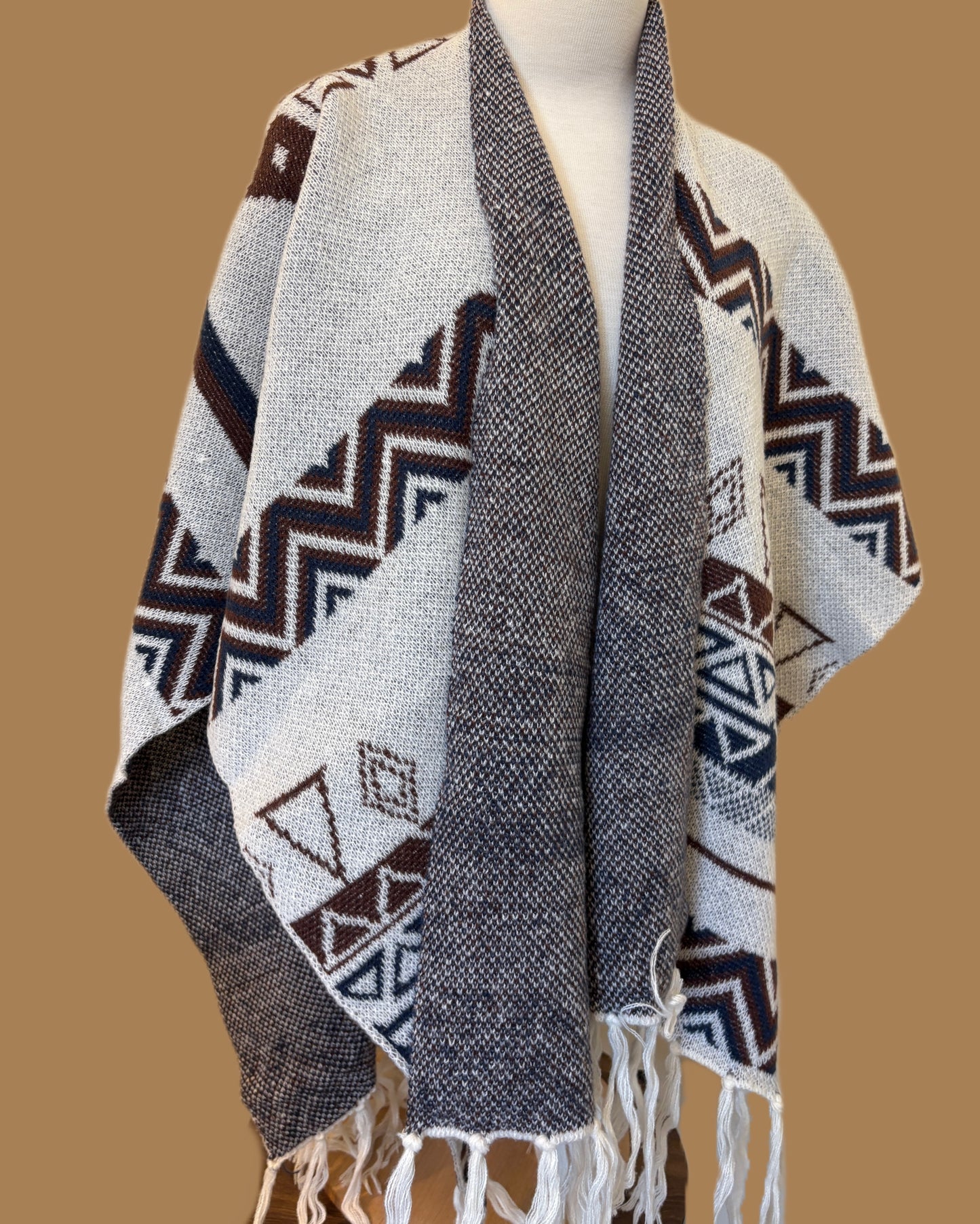 Beige and Brown Thick Wool Poncho