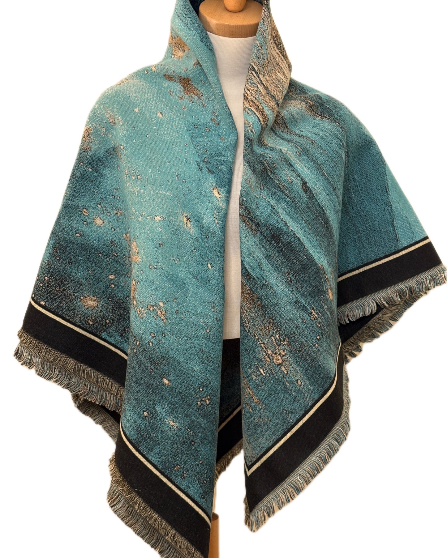Large Square Blue Oil Painting Design Thick Cashmere Shawl