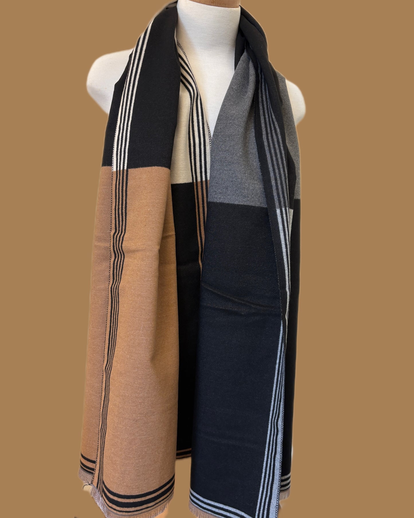 Beige Black and Grey Cashmere Shawl