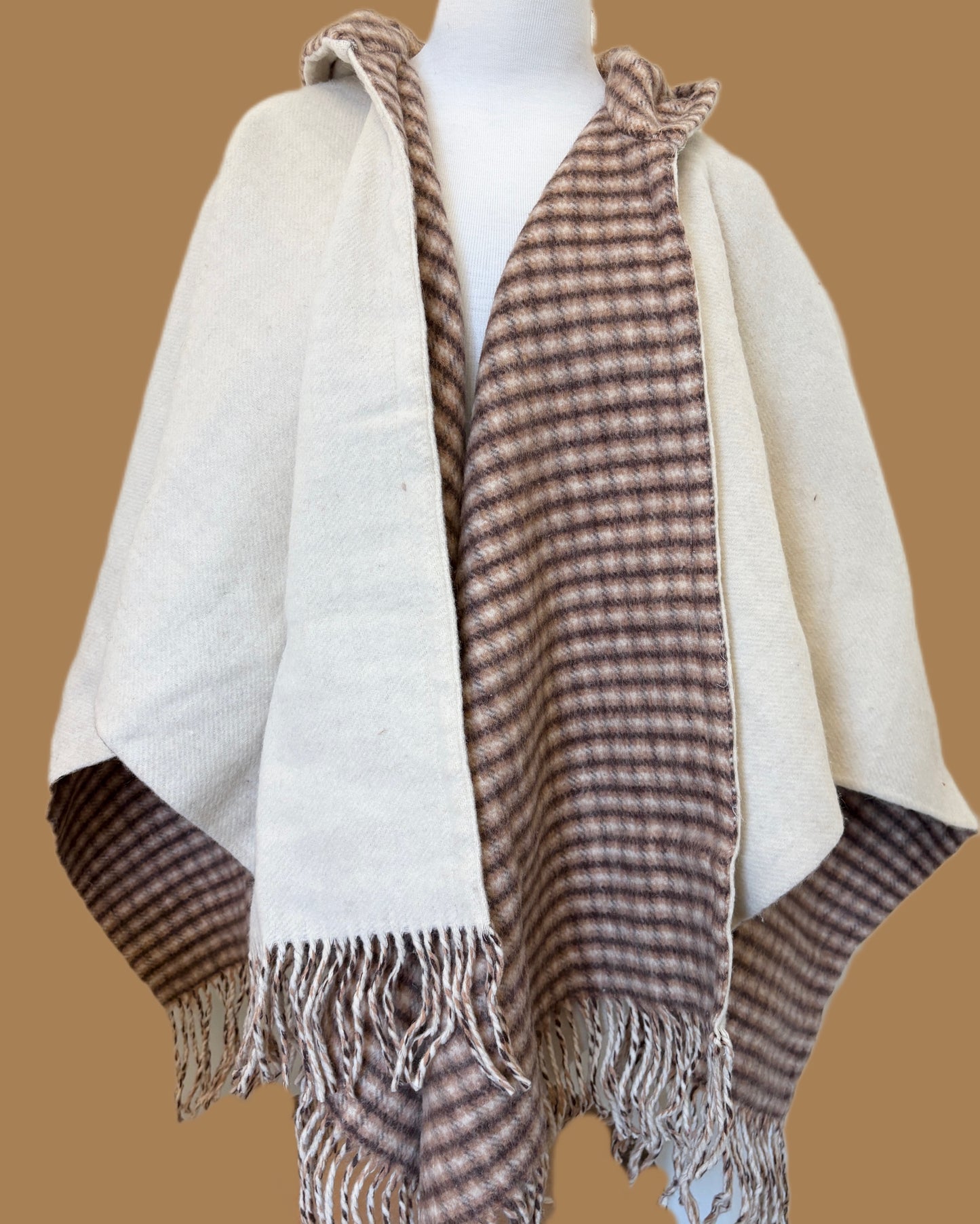 Brown and White Double Sided Hooded Wool Poncho