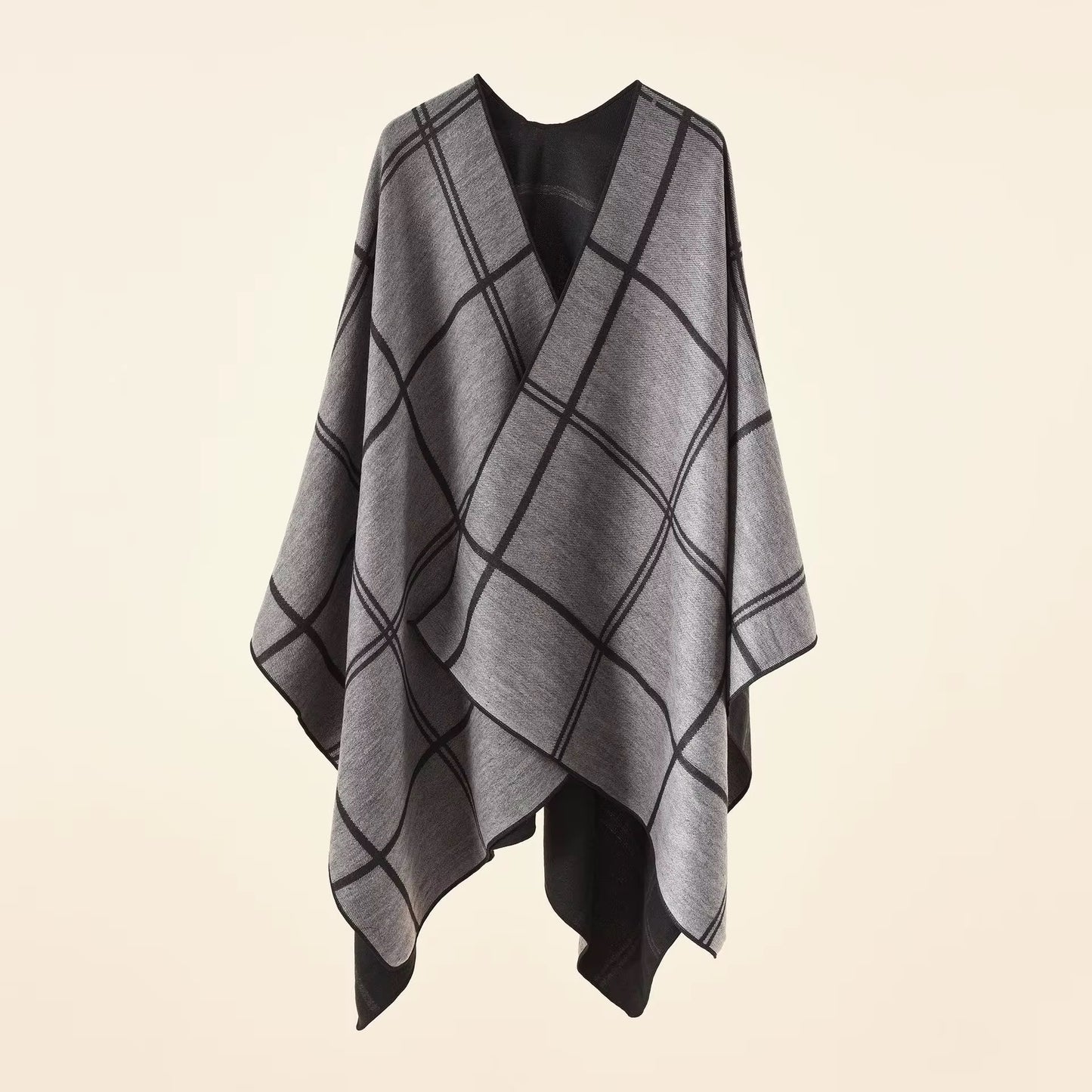 Black and Grey Squares Soft Wool Poncho