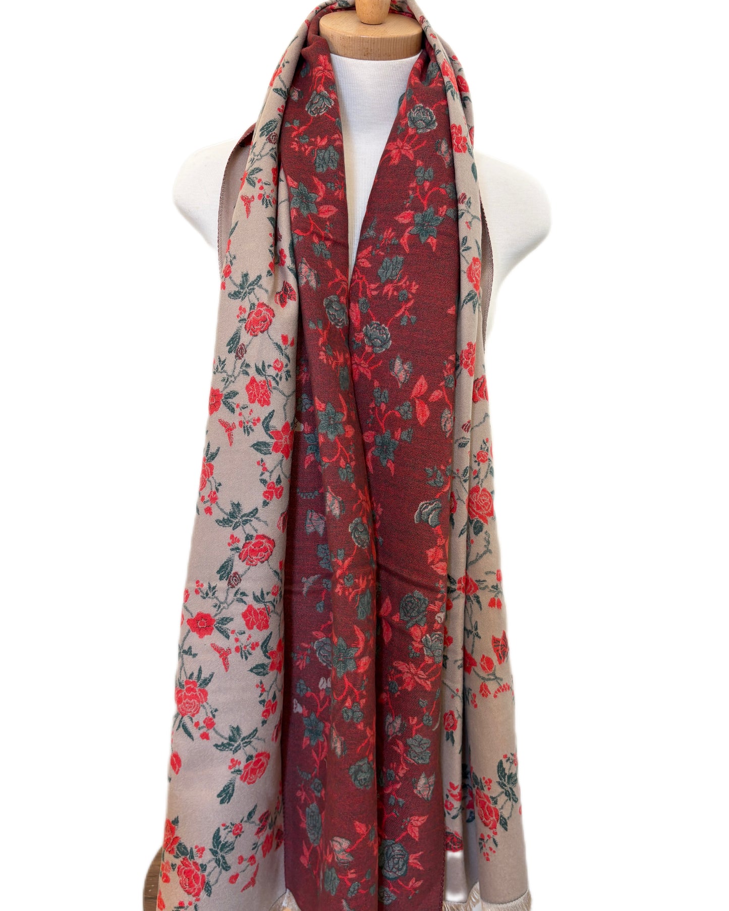 Beige and Red Floral Cashmere Shawl