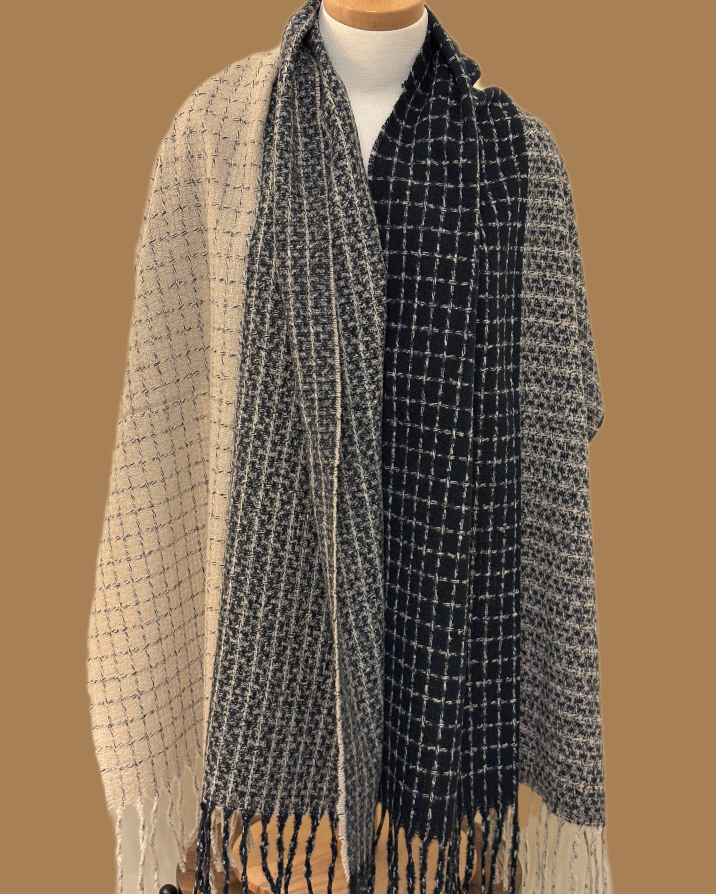 Beige and Black Wool Shawl