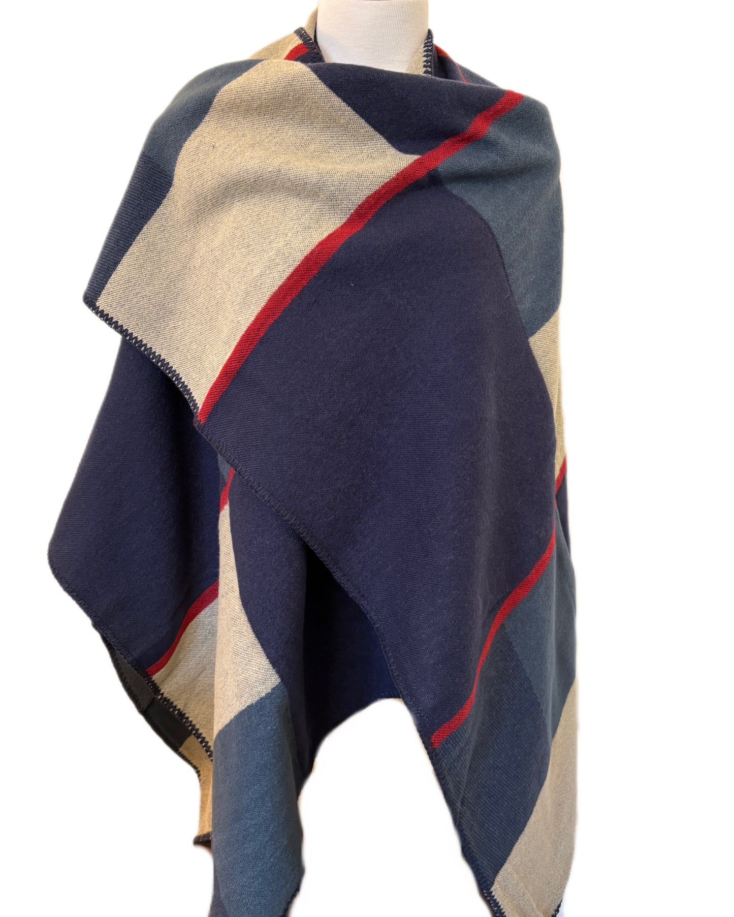 Navy and Light Grey Wool Poncho