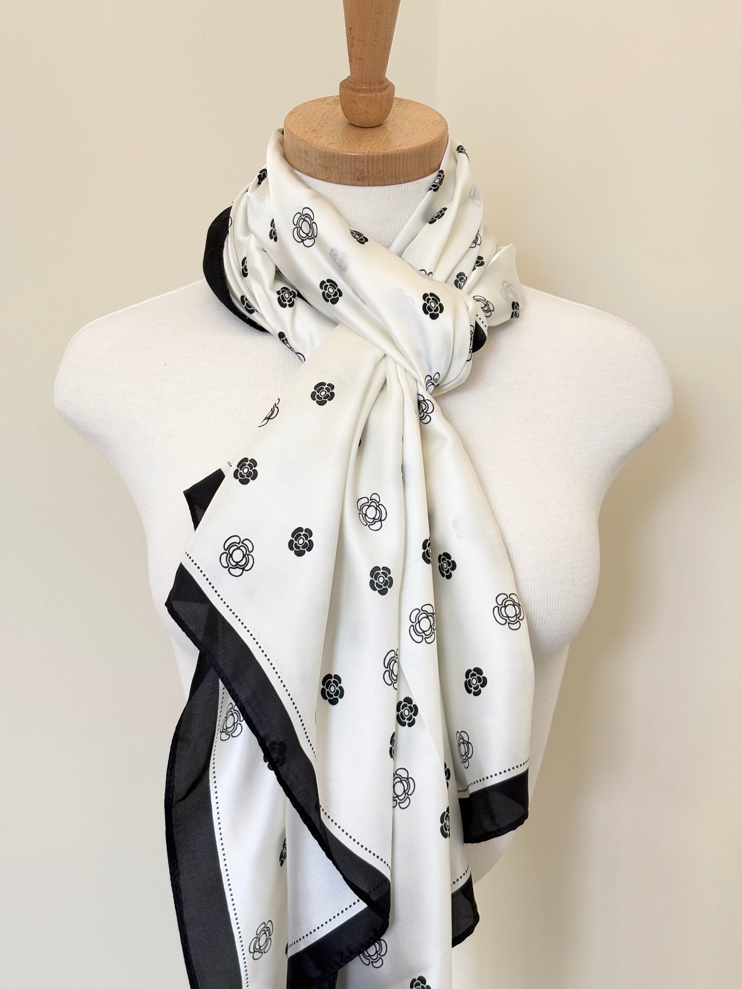 Black and White Floral Silk Scarf