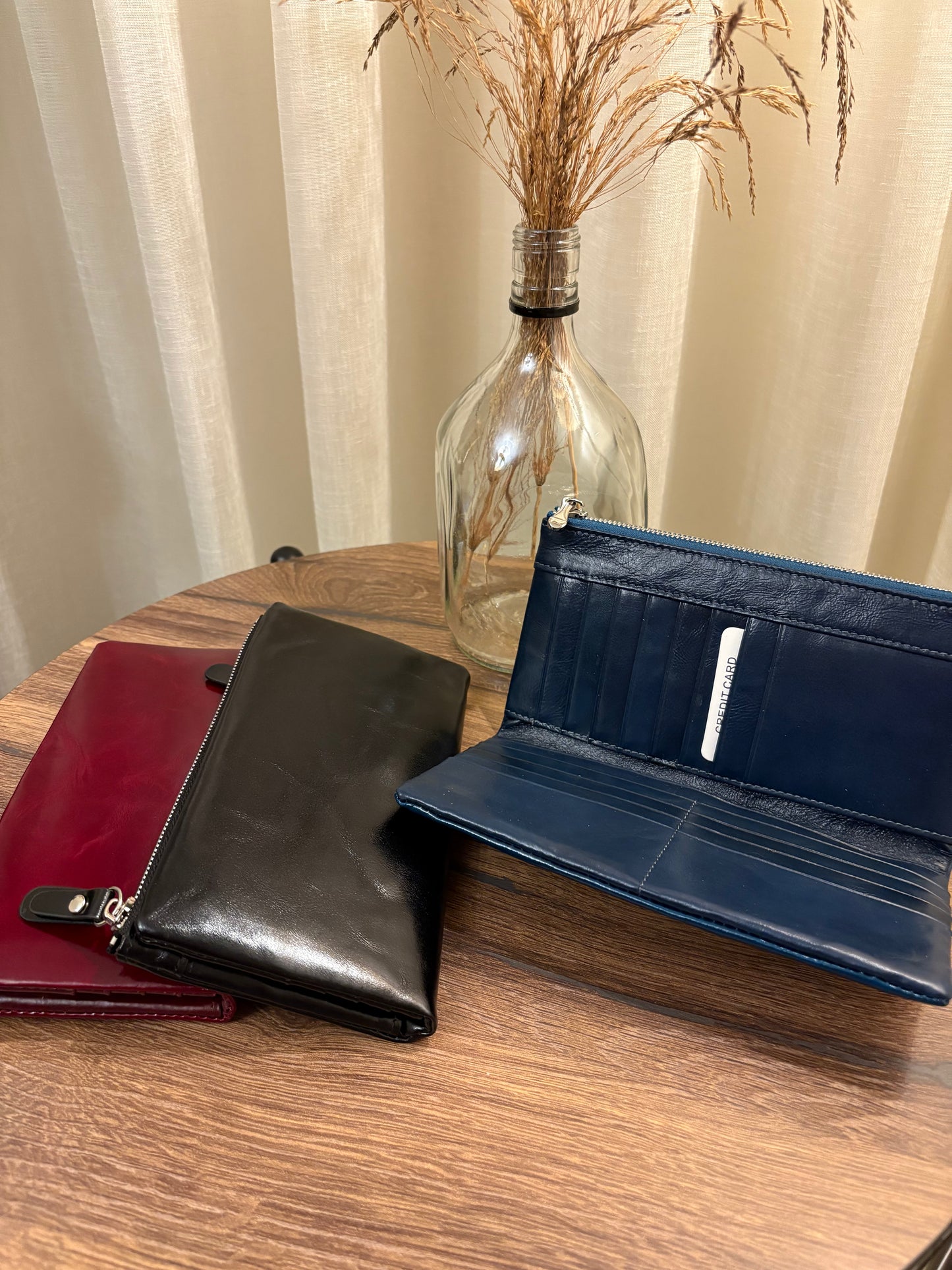 Genuine Leather Blue Glossy Long Wallet