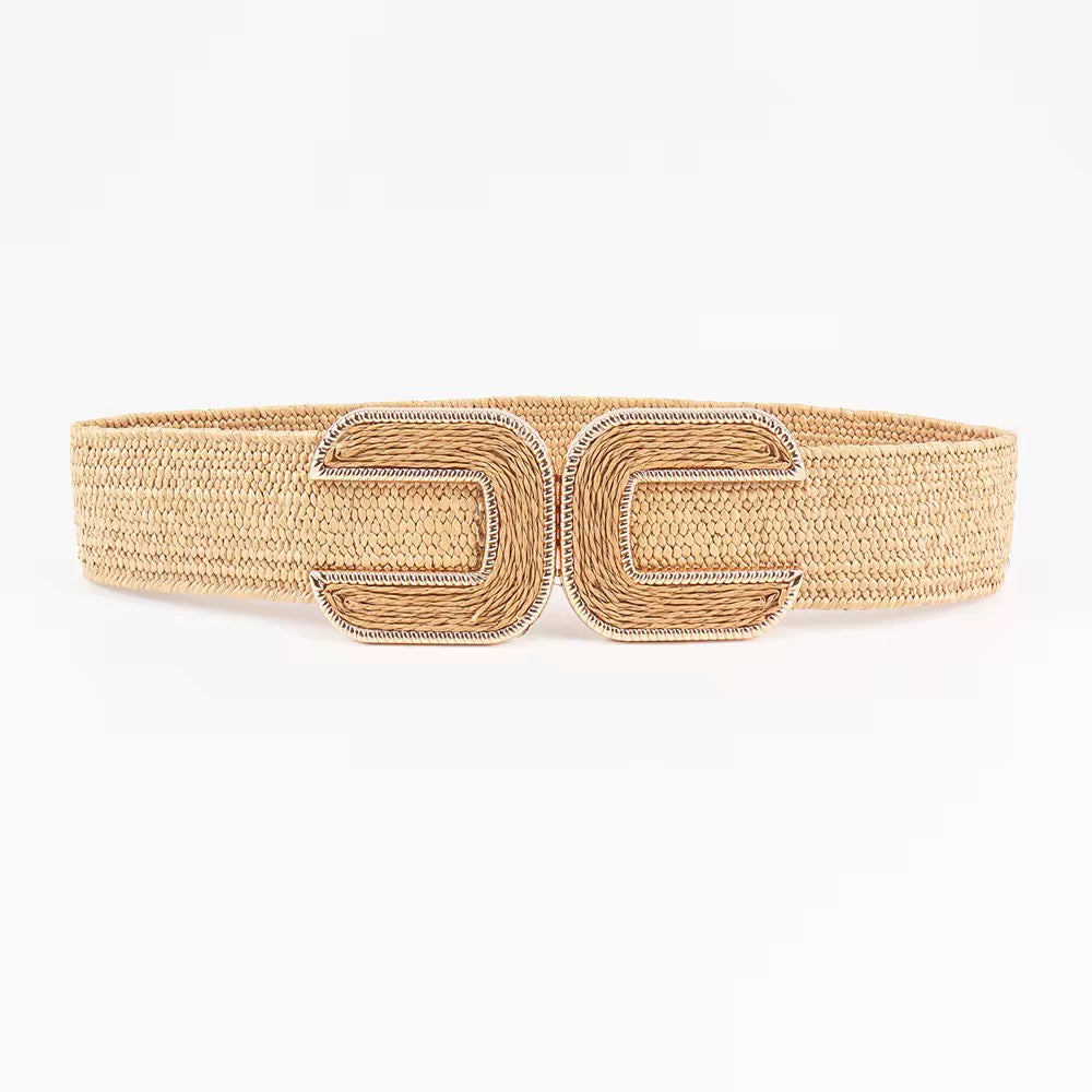 Beige Elastic Straw Waist Belt with Gold Buckle