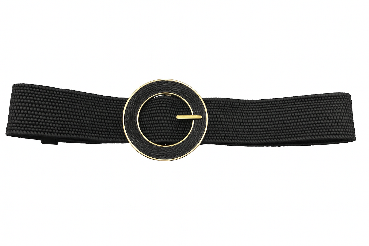 Elastic Black Straw Belt with Beige and Gold Round Buckle