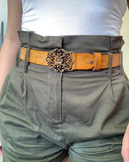 Genuine Leather Yellow Belt with Vintage Gold Buckle