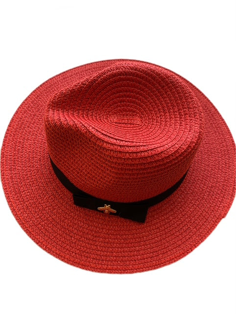 Red Straw Hat with Bee ribbon