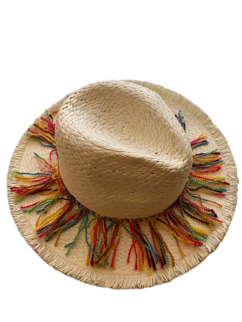 White Straw Hat with Colorful Threads
