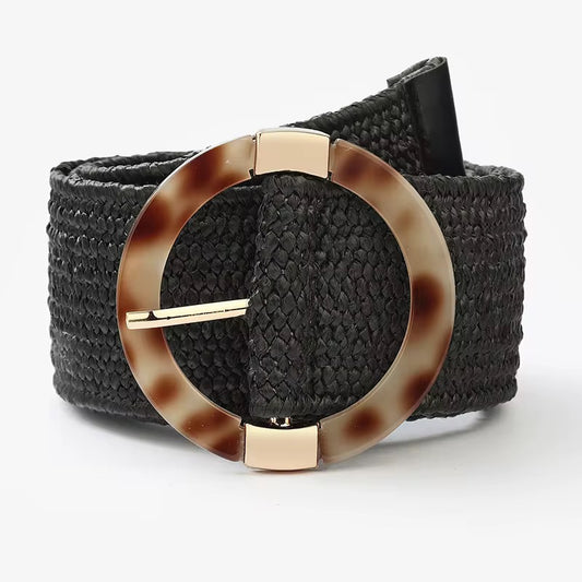 Black Elastic Straw Belt with Round Buckle