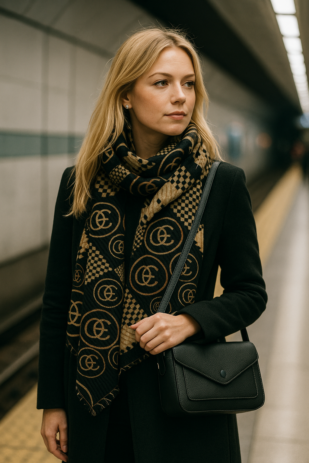 Black and Beige Crinkle Viscose Scarf