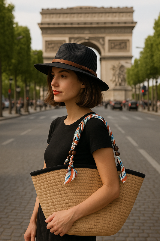 Beige Straw Bag with Silk Handle