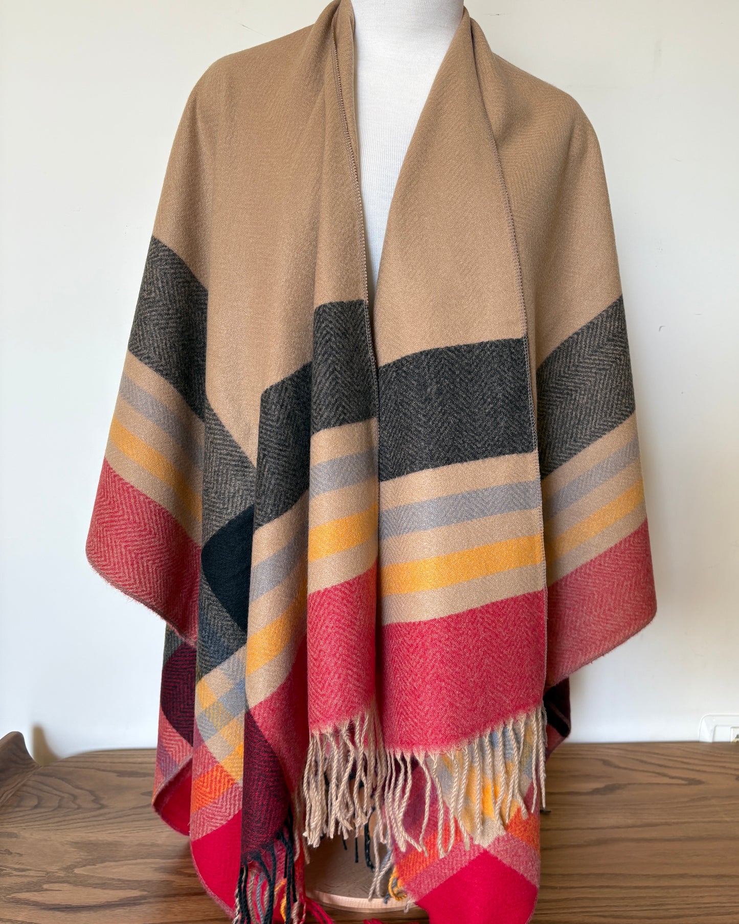 Beige Wrapped Poncho with Red and Grey Stripes