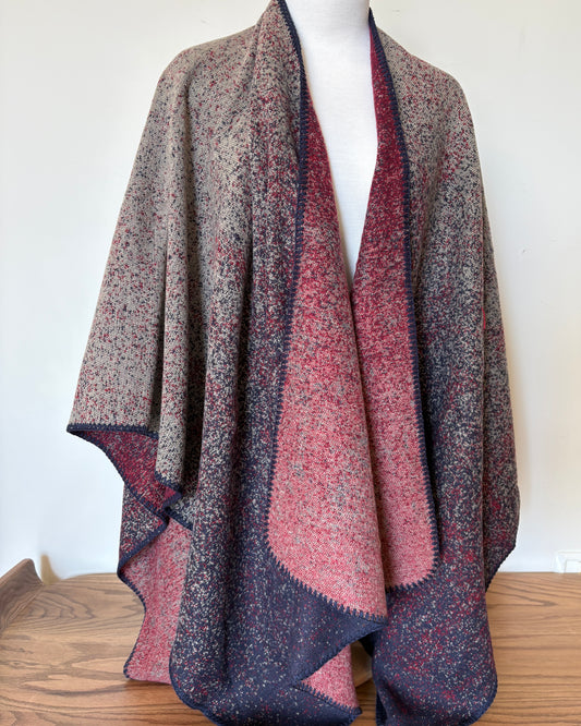 Navy and Beige Wool Poncho