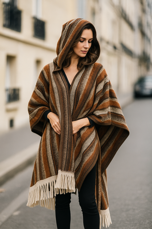 Brown Hooded Wool Poncho