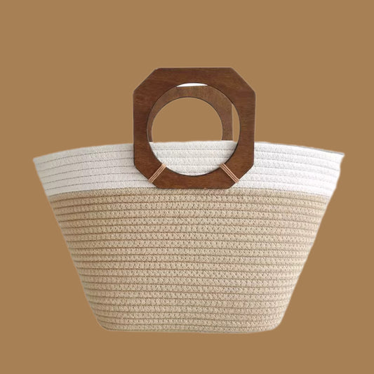 Beige and White Straw Bag with Wood Handle