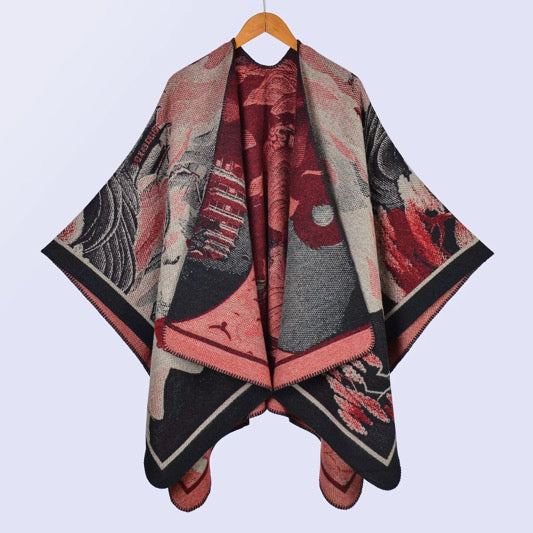 Beige and Red Wool Poncho