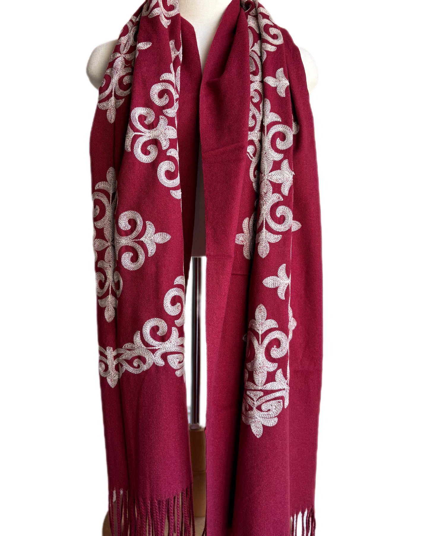 Dark Red Embroidered Pashmina