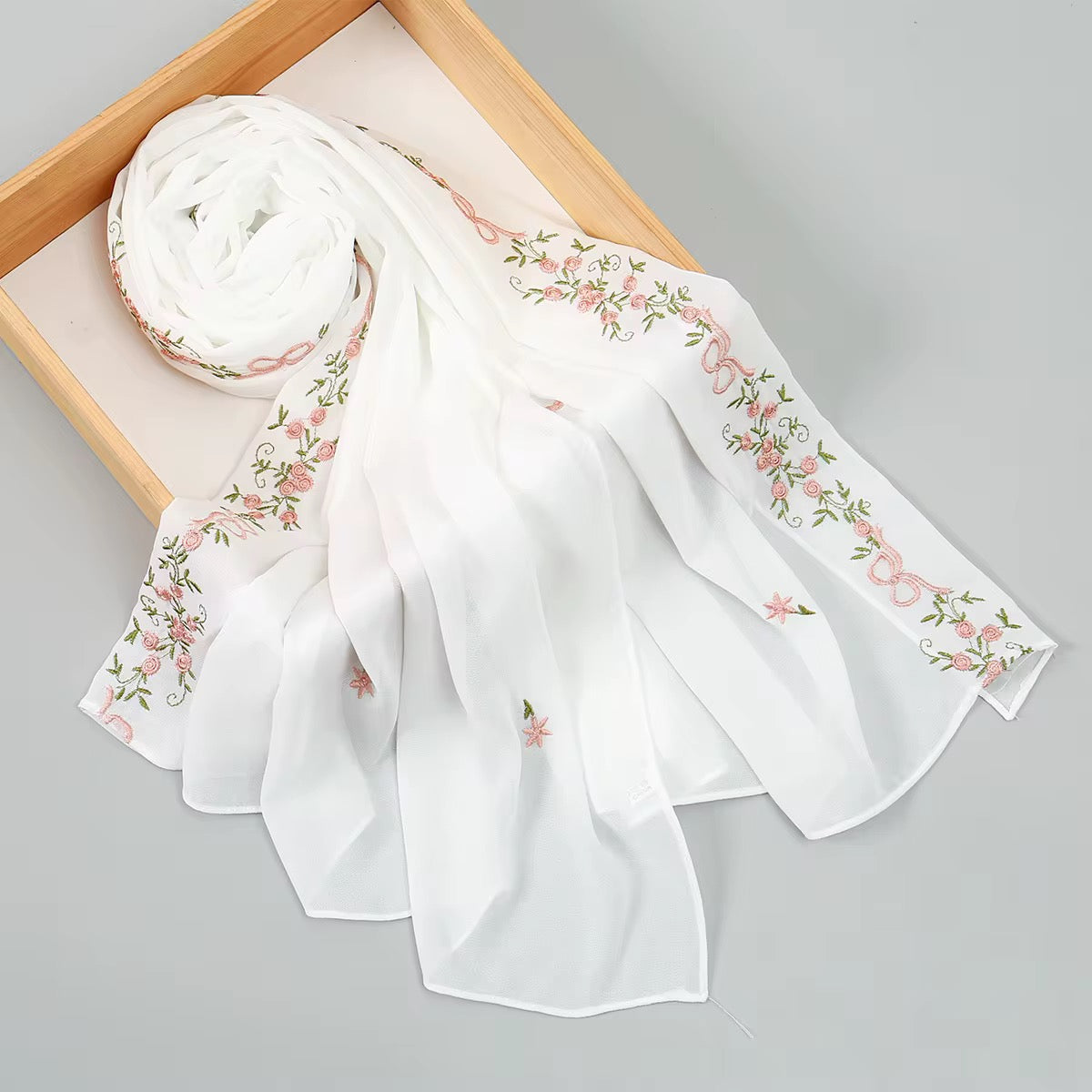 Floral White Chiffon Scarf