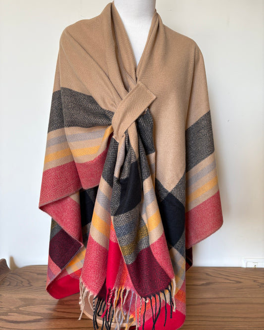 Beige Wrapped Poncho with Red and Grey Stripes