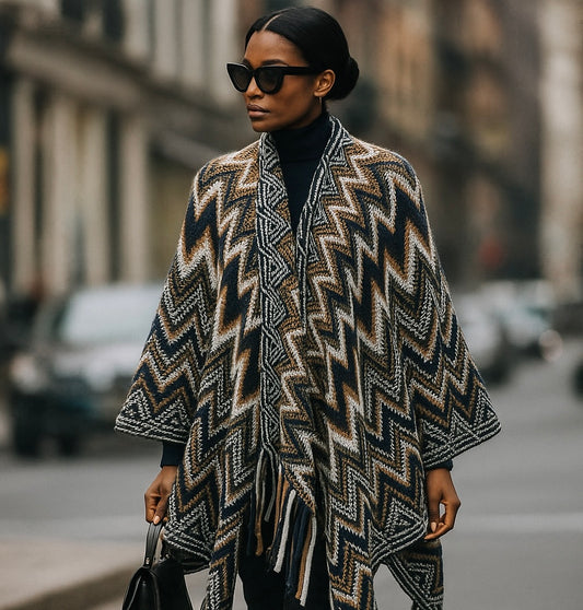 Thick Wool Navy and Brown Poncho