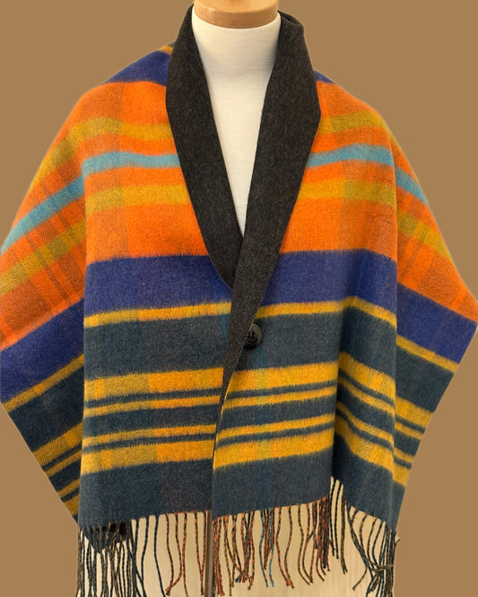 Colorful and Grey Double Sided Buttoned Wool Shawl