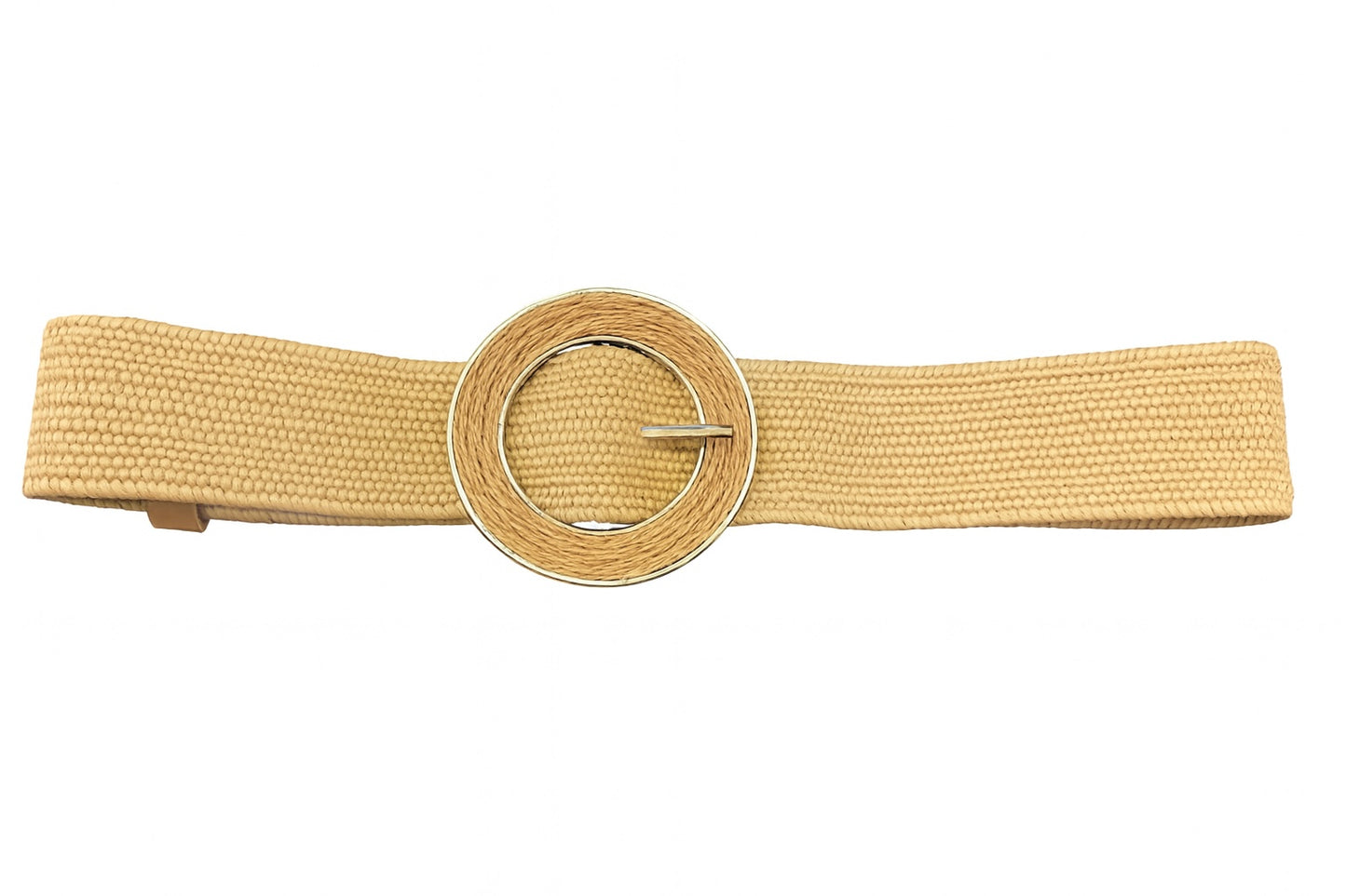 Elastic Beige Straw Belt with Beige and Gold Round Buckle